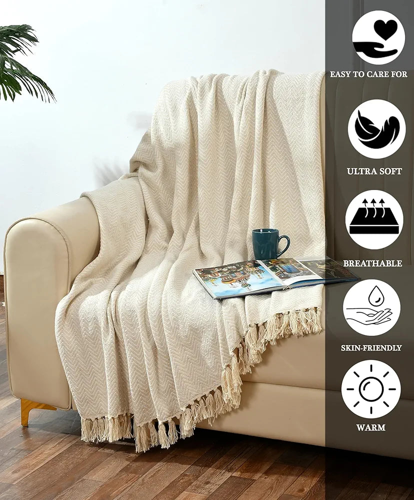 Sashaa World Chevron Cotton Sofa Throw with Tassels Colour Beige and Natural