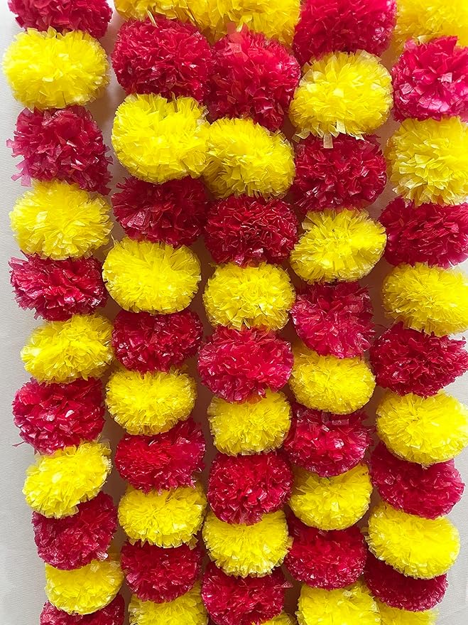 Artificial Marigold Fluffy Flowers Garlands Yellow & Red 5 Pieces