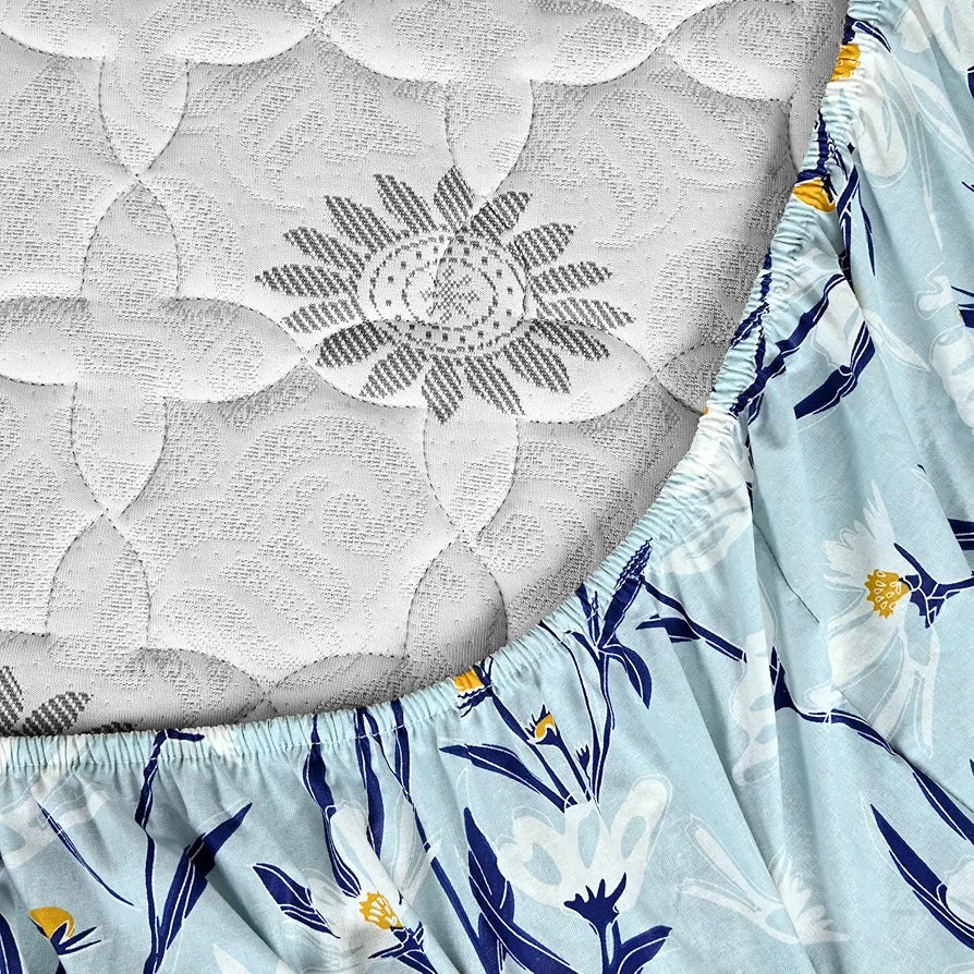 Divine Casa Floret 100% Cotton Double Fitted Bedsheet 144 TC Colour Water Orchid