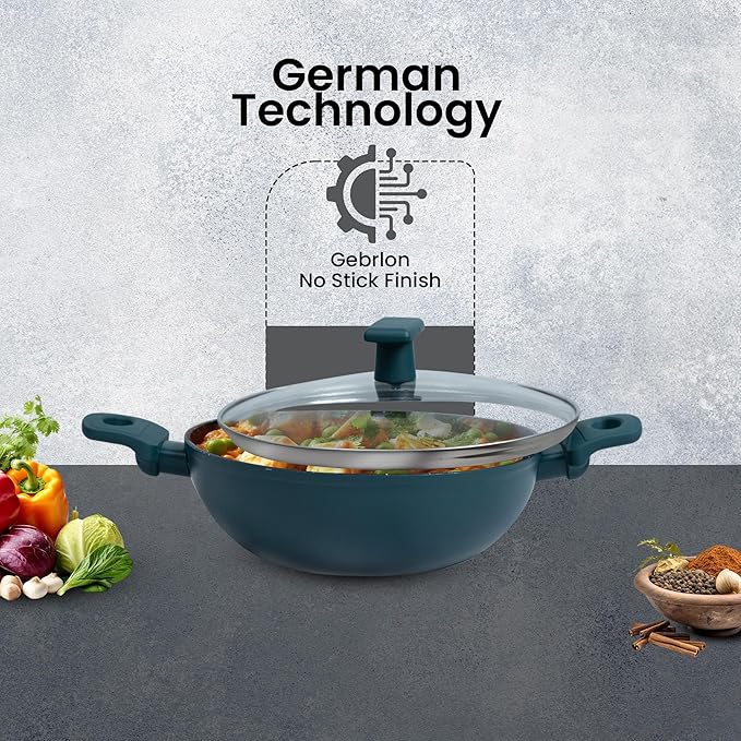Solara 24 Cm, 2.4 Litres Non Stick Kadai, Granite Stone Kadhai With Glass Lid, Kadai With Lid for Cooking | Bezel