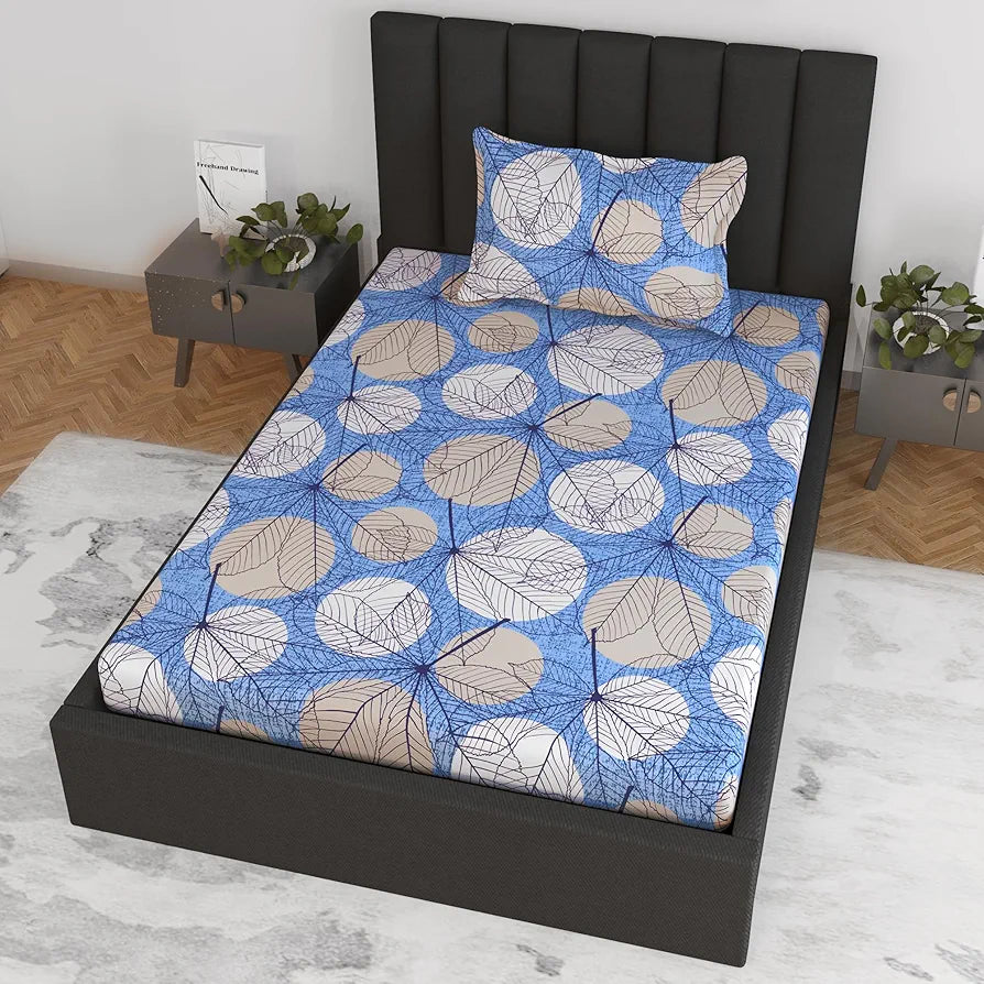 Divine Casa 144 TC Cotton Fitted Bedsheet for Single Bed 100% Cotton Floral Blue Size Colour Lichen Blue