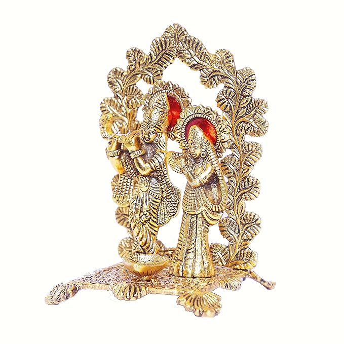 KridayKraft Radha Krishna Standing Playing Flute Metal Statue Gold Antique Finish for Pooja
