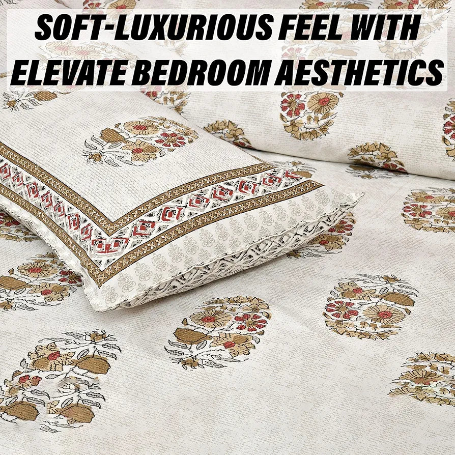 Kuber Industries Double Bedsheet with 2 Pillow Covers 160 TC Premium Cotton Dezier Flower Boota Beige