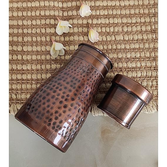 Indian Art Villa Pure Copper Bedroom Water Bottle With Inbuilt Glass Hammered Antique Design