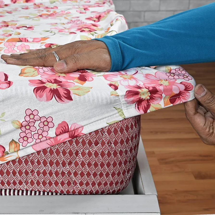 Divine Casa Floret 100% Cotton Double Fitted Bedsheet 144 TC Colour Rosy Retreat