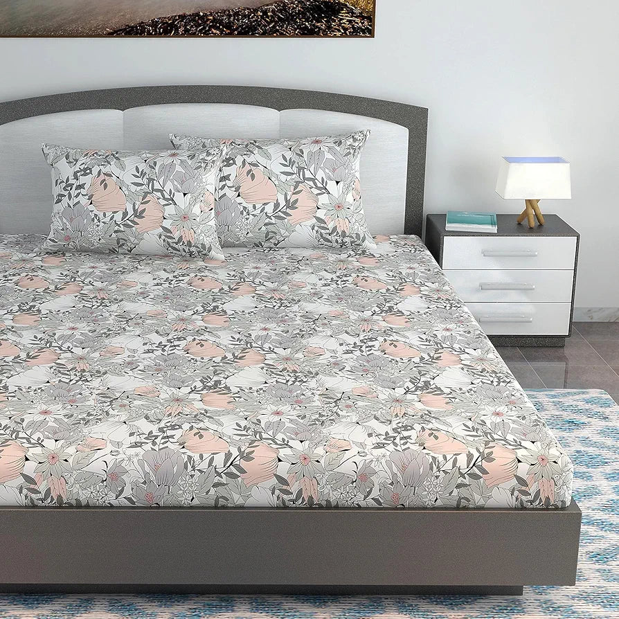 Divine Casa 144 TC 100% Cotton King Bedsheet with 2 Pillow Covers Floral Pattern Colour Blush Grey