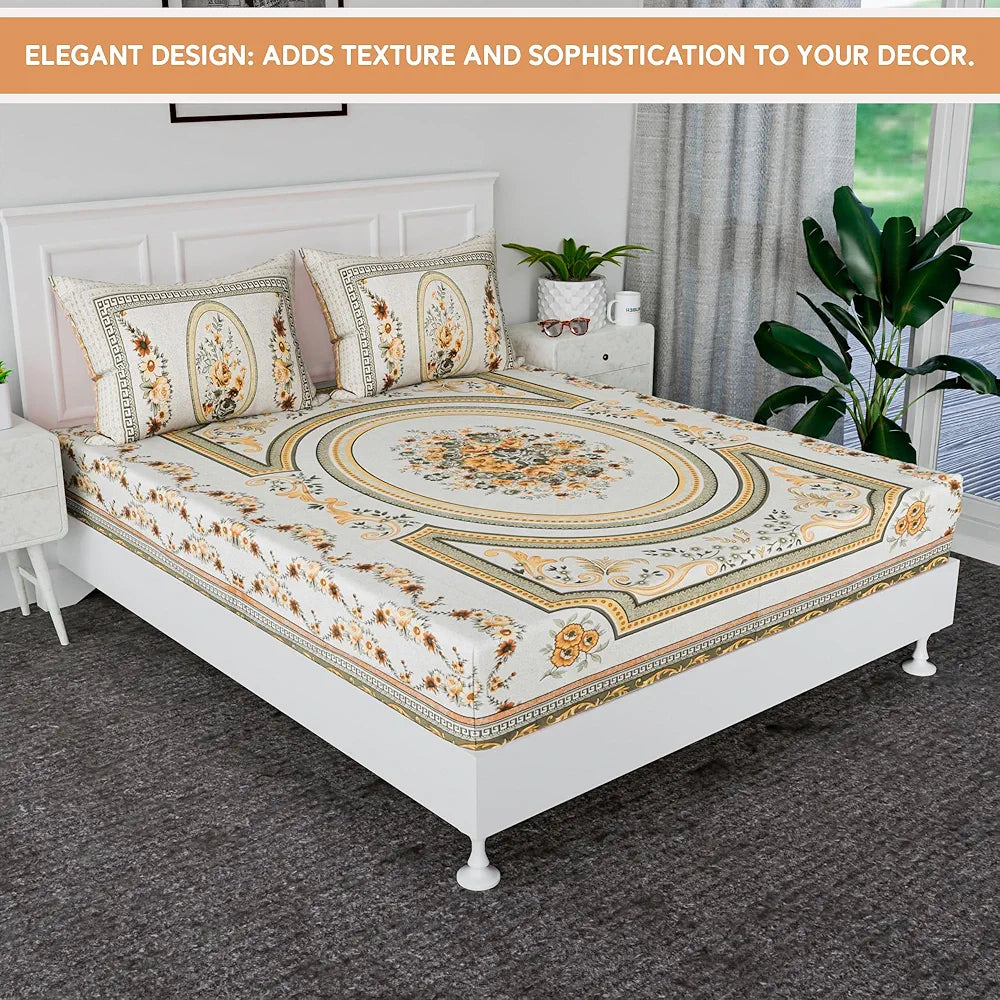 Kuber Industries Cotton Bedsheets for Double Bed with 2 Pillow Covers Kaleen Flower Yellow