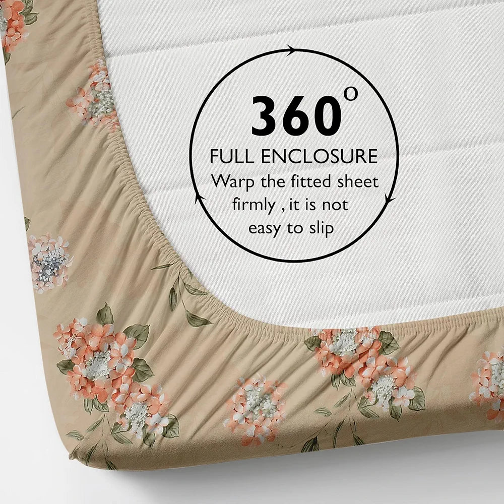 Fresh From Loom Fitted King Size Bedsheet with 2 Pillow Covers Microfiber 240 TC Beige Floral Design