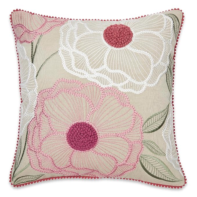 Haus & kinder Cotton Decorative Embroidered Cushion Cover | Colour Outline Floral