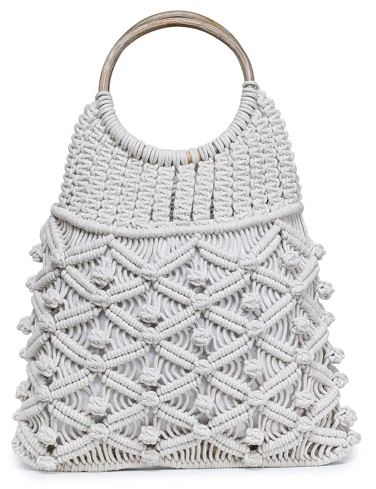 Klondon Alii And Aliizey Off-white Macrame Braided Wooden Handle Handbag