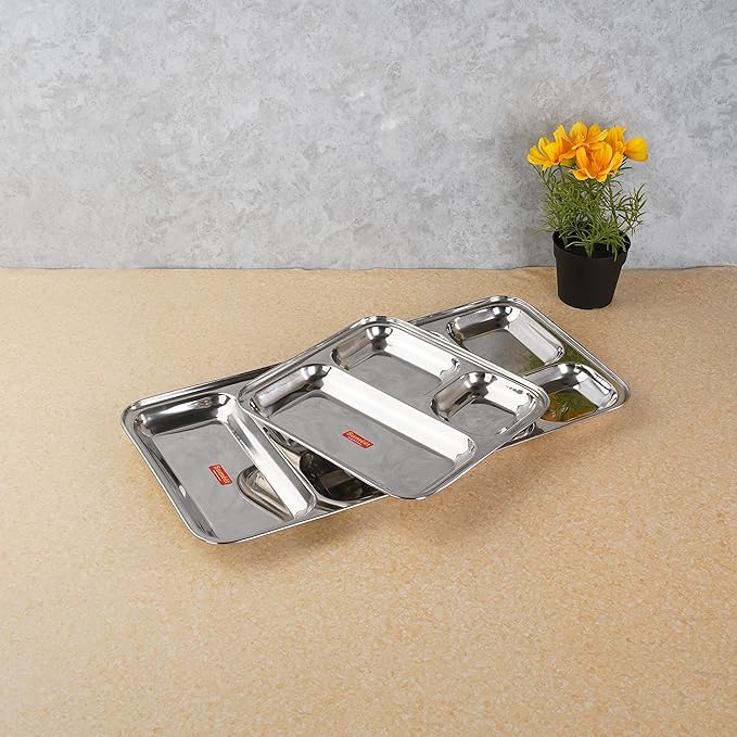 Sumeet Stainless Steel 3 in 1 Compartment plate Set of 3Pcs 24.5 cm Silver