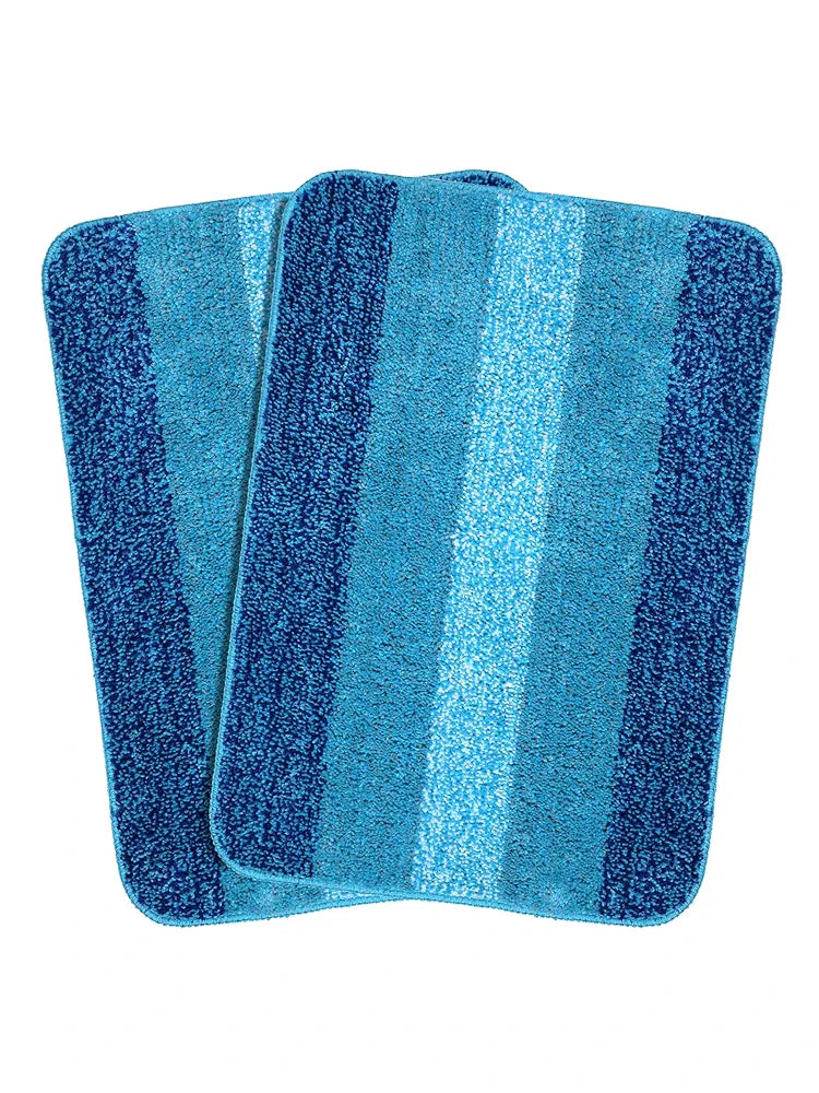 Saral Home Easy Living Microfiber Striped Rectangle Shaped Anti-skid Bath Mats Colour Blue (Pack Of 2)