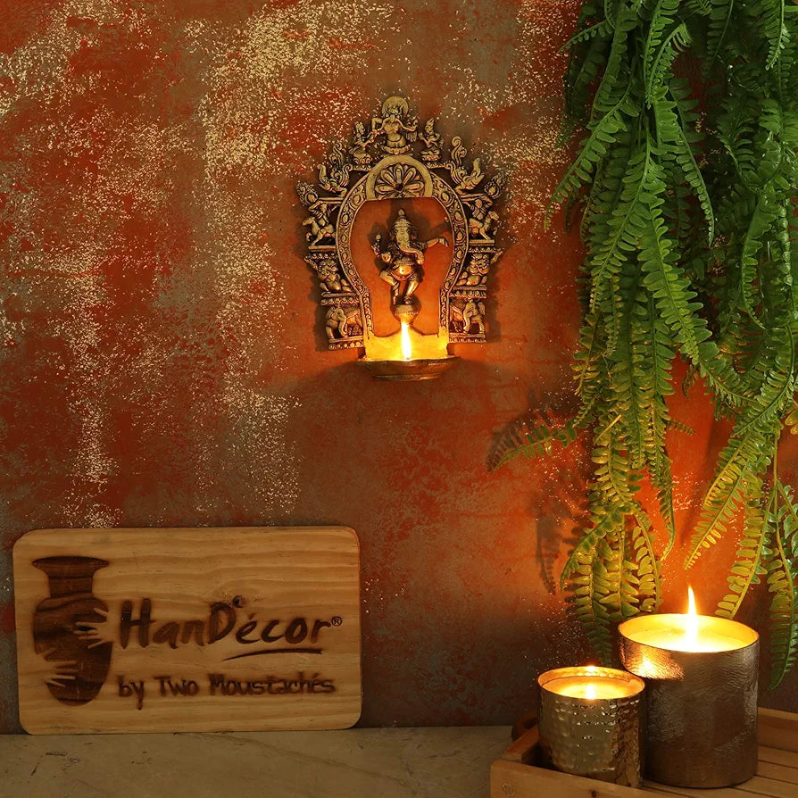 Two Moustaches Brass Ethnic Indian Carving Dancing Ganesha Design Diya with Prabhavali Frame