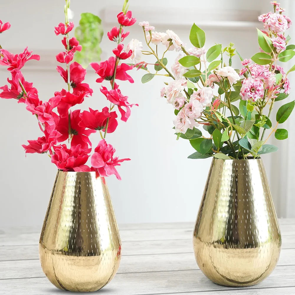 Behoma Drop Shape Metal Hammered Flower Vase Golden 2 Pcs Flowers not Included