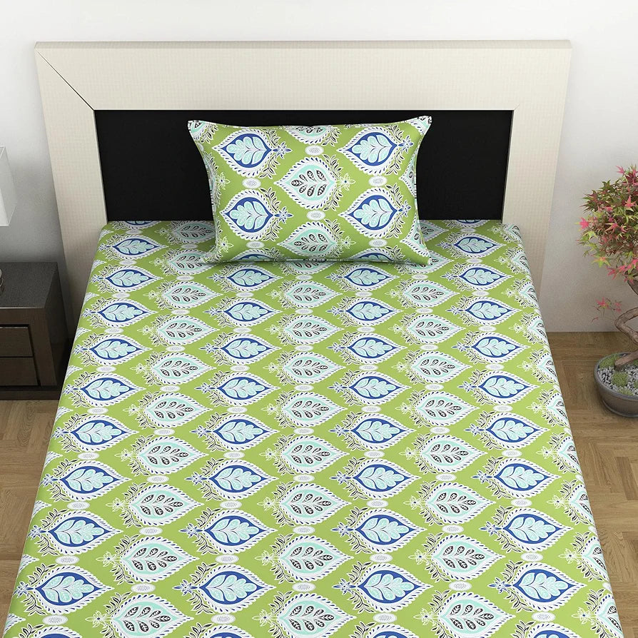 Divine Casa Bedsheet for Single Size Bed 144 TC Cotton Bedsheet for Single Size Bed with 1 Pillow Cover  Floral Colour Palm Green