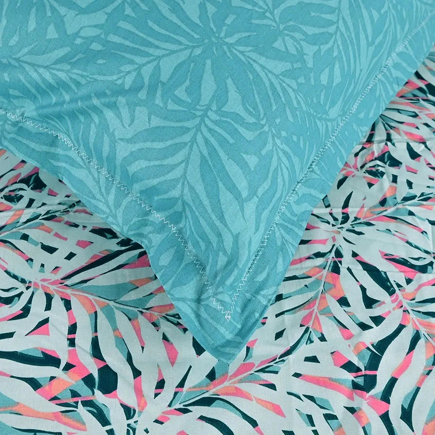 Divine Casa 144 TC 100% Pure Cotton Single Bedsheet with 1 Pillow Cover Floral Leaf Pattern Colour Soft Pink Blue