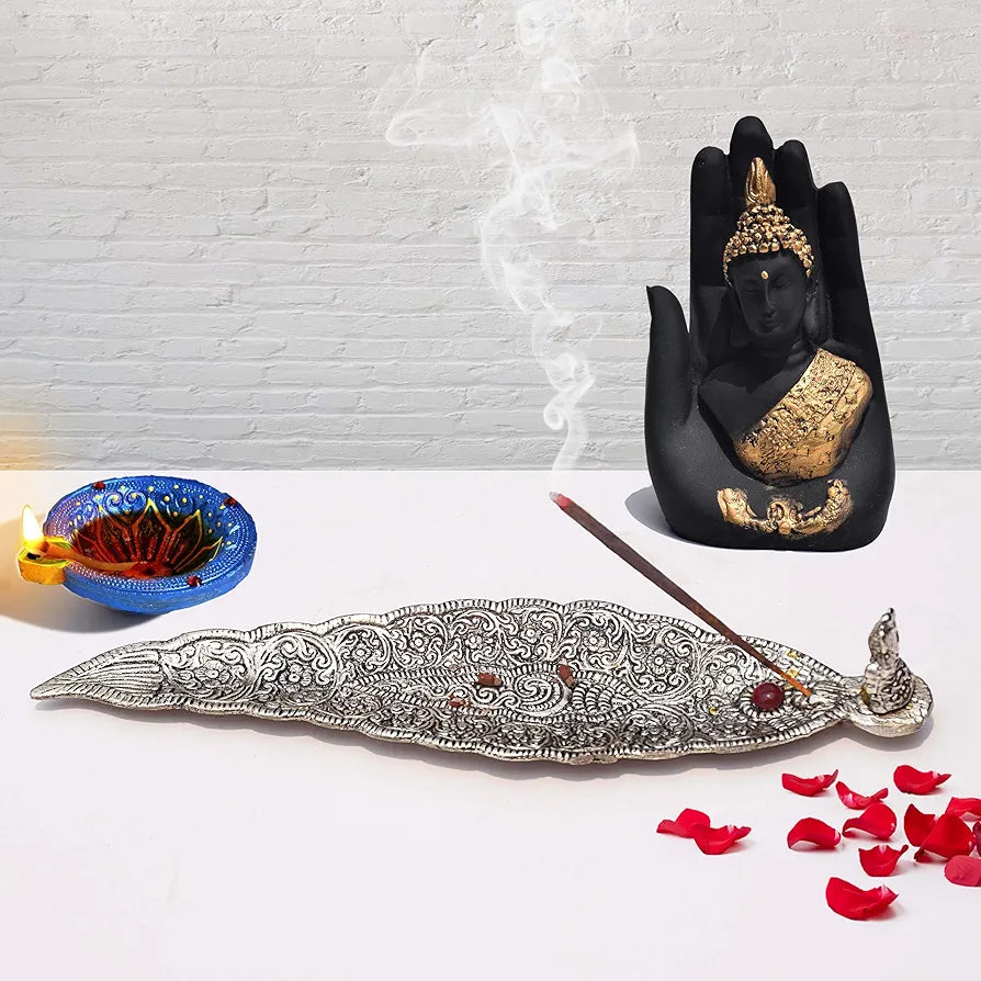 Pure Source India Aluminum Incense Holder & Ash Catcher Agarbatti Stand Featuring Ganesh Figurine Silver