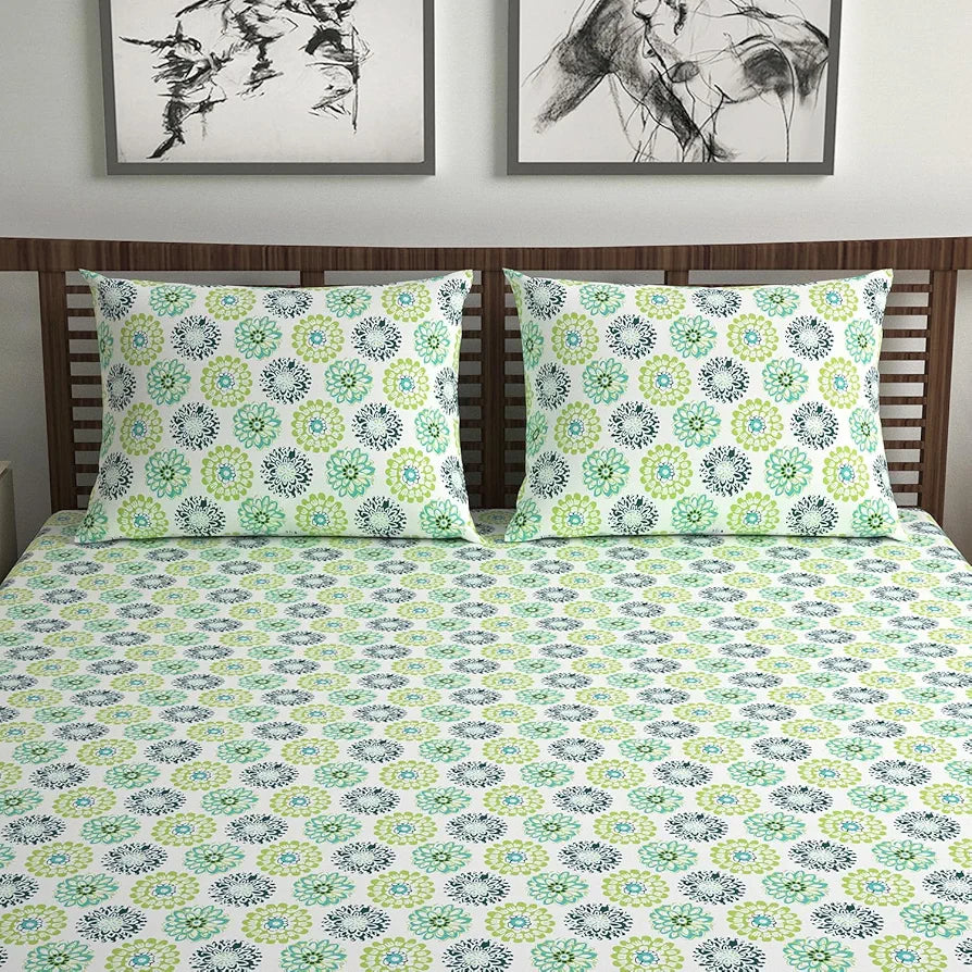 Divine Casa Double Size Bedsheet for Double Bed 144 TC Pure Cotton Queen Size with 2 Pillow Covers Floral Colour Green Blue