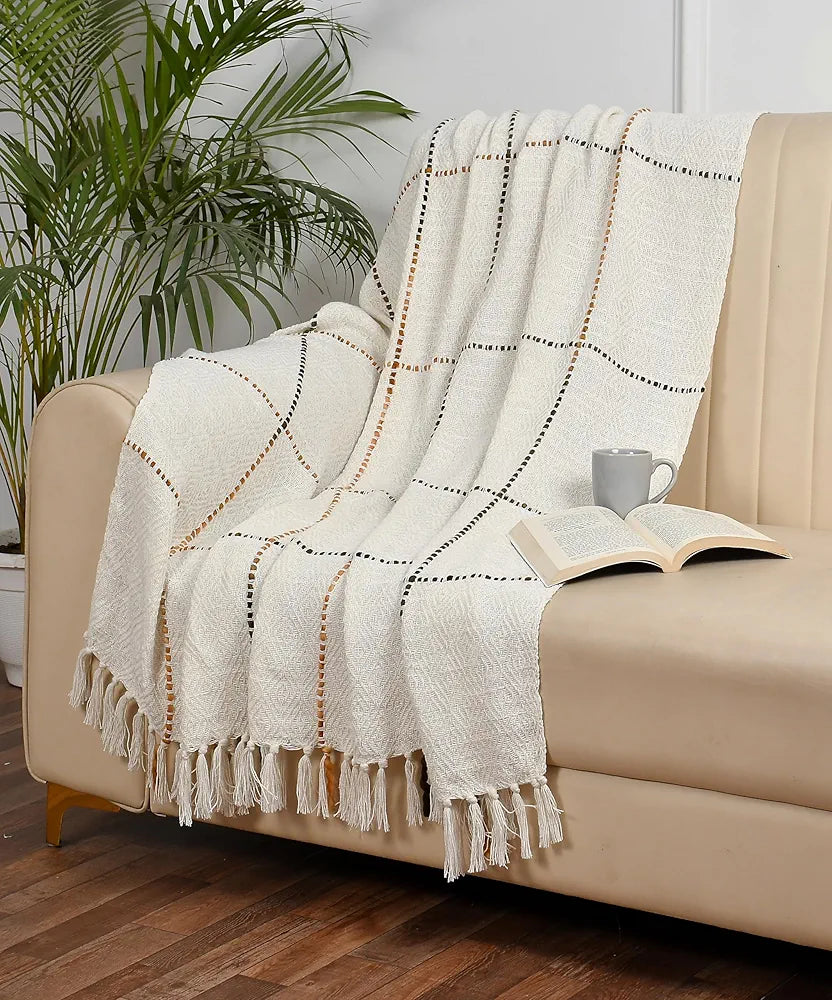 Sashaa World Natural Multi Grid Patterned Handwoven Cotton Throw Colour Natural/Multi