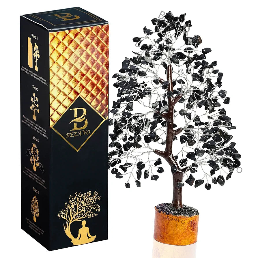 Bezavo Black Tourmaline Crystal Tree – Healing Money Tree for Feng Shui Silver Wire