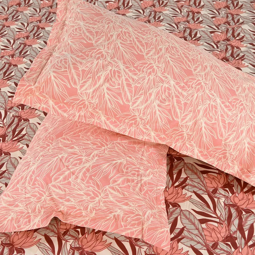 Divine Casa 144 TC 100% Pure Cotton Double Bed Bedsheet with 2 Pillow Covers Tropical Floral Colour Coral Peach