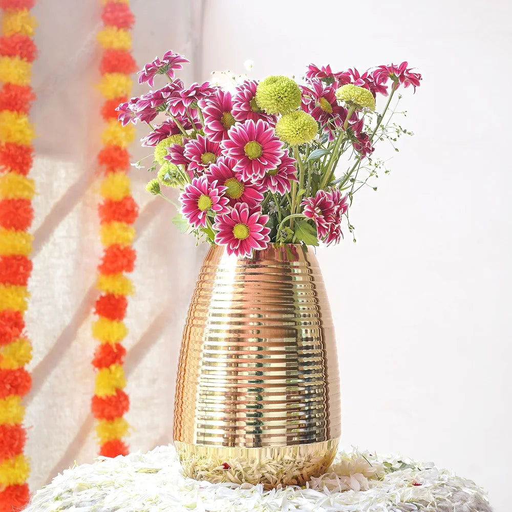 Behoma Oval Shape Metal Flower Vase Ribbed vase 8.7 inches Golden 1Pc Flowers not Included