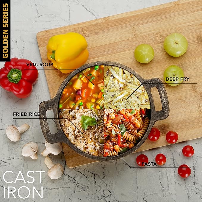 Sumeet Super Smooth Gold Series Pre Seasoned Cast Iron Small Kadai for Fry 950 ml