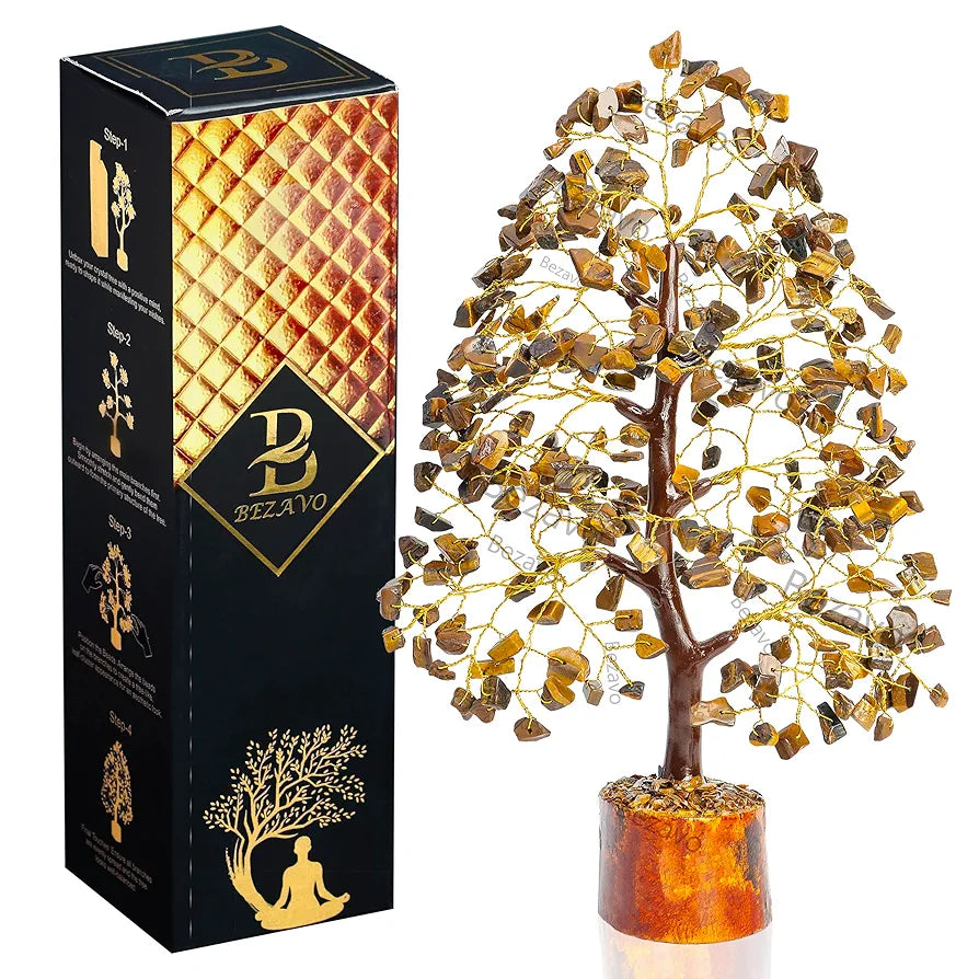 Bezavo Tiger Eye Crystal Tree of Life Golden Wire