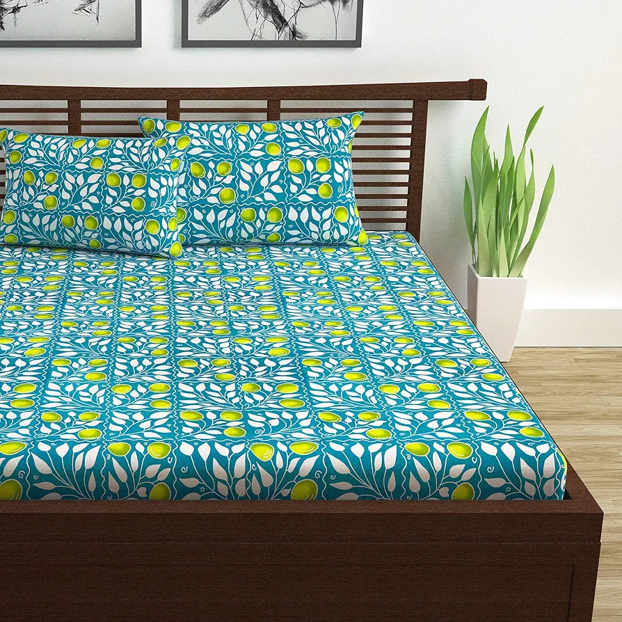 Divine Casa 144 TC 100% Cotton Bedsheet for Double Bed with 2 Pillow Cover Colour Teal & Yellow