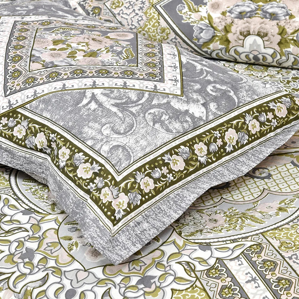 Kuber Industries Double Bedsheet with 2 Pillow Covers 186 TC Premium Cotton Arabic Beauty Flower Square Gray
