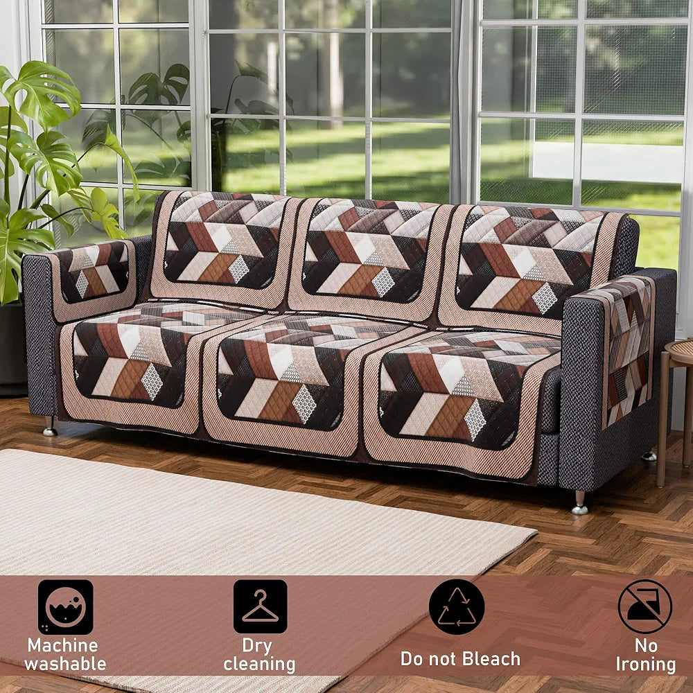 Kuber Industries Set of 16 Velvet Anti-Skid Sofa Cover 5-Seater with Arm Cover Triangular Cream & Brown