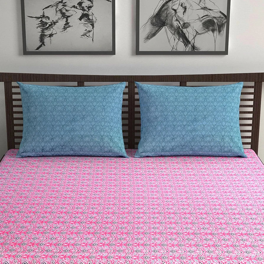 Divine Casa 144 TC 100% Pure Cotton Double Bedsheet with 2 Pillow Covers Geometric Petal Colour Pink Fuchsia