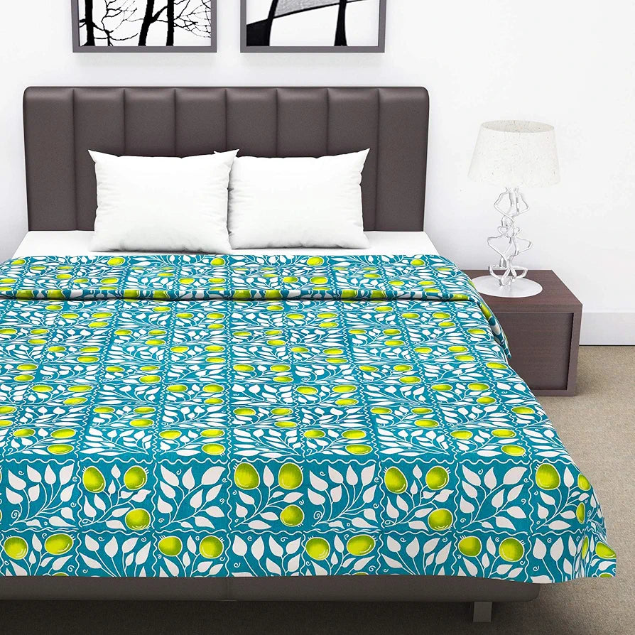 Divine Casa Glace Cotton 120 GSM Reversible Lightweight Printed Double Bed AC Dohar Blanket Quilt Colour Turquoise and Green TC - 120