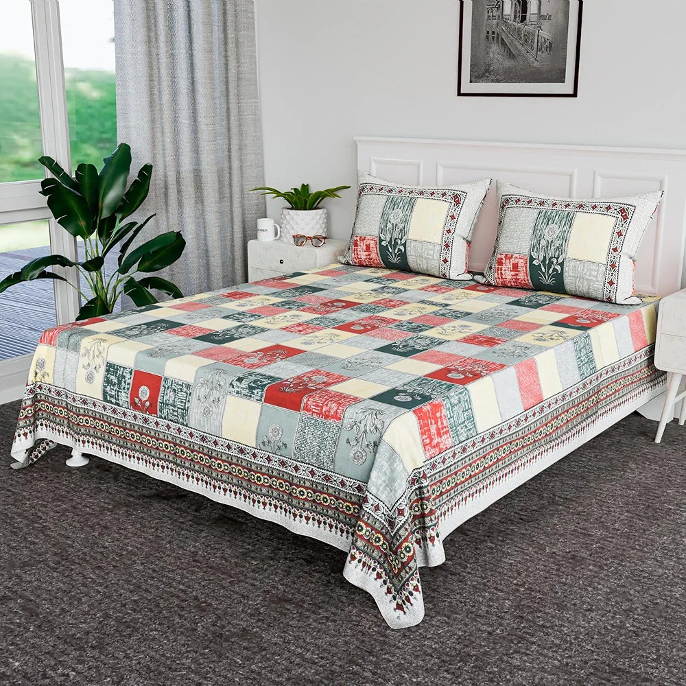 Kuber Industries Cotton Bedsheets for Double Bed with 2 Pillow Covers Candy Flower Green & Yellow