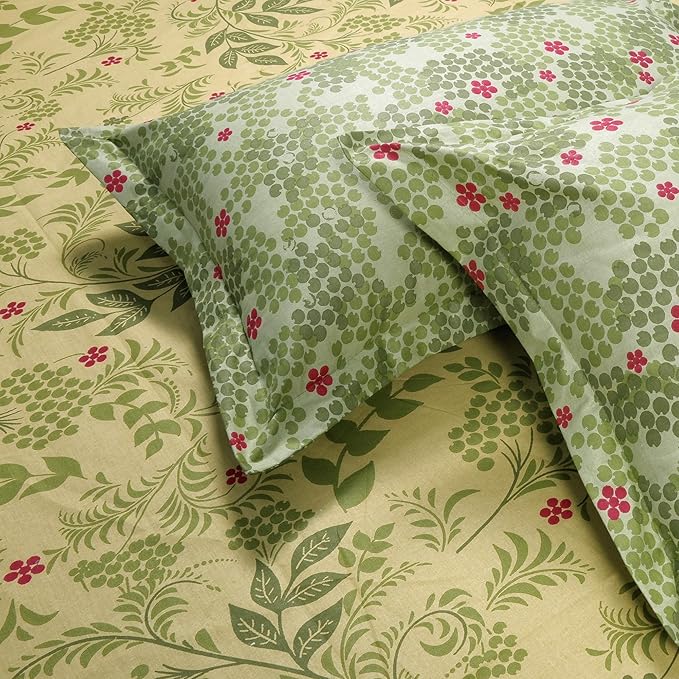 Huesland by Ahmedabad Cotton 144 TC King Size Bedsheet Cotton with 2 Pillow Covers | Botanical Bliss | Vanilla & Green