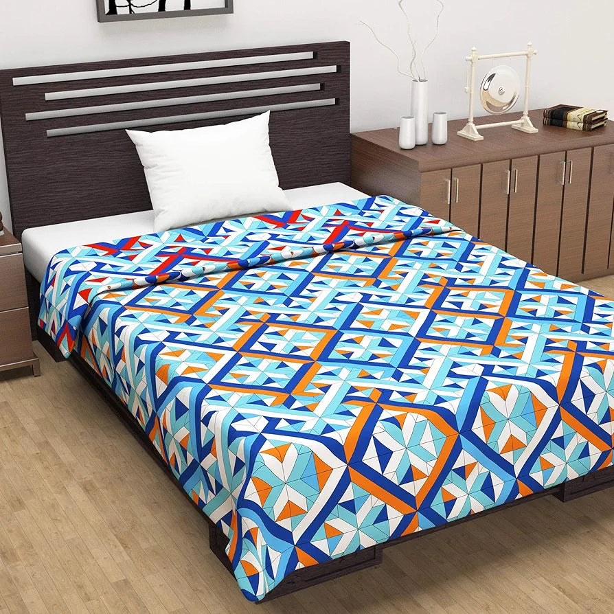 Divine Casa 120 GSM Microfiber Single Dohar Soft & Lightweight Throw Blanket Tessellate Pattern Colour Blue-Red & Orange