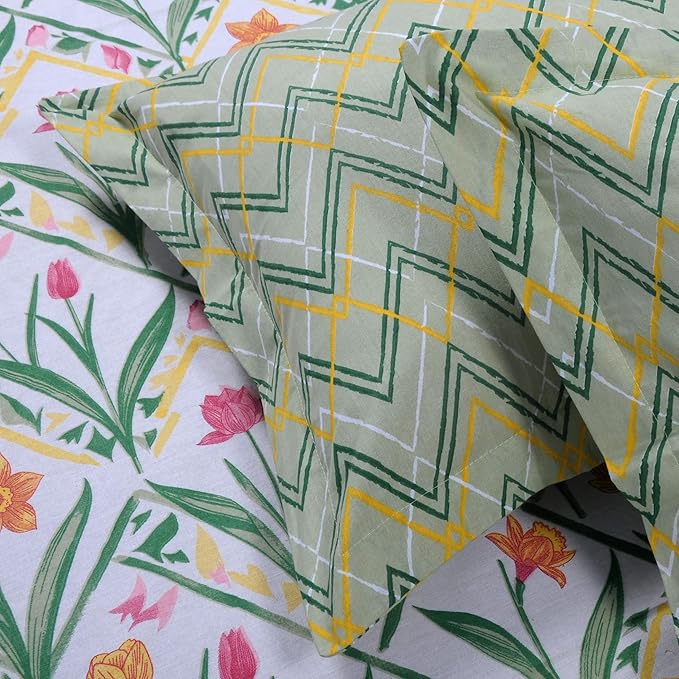 Huesland by Ahmedabad Cotton 144 TC Bedsheet for King Size Bed with 2 Pillow Covers | Botanical Chevron |  Green, Yellow & White