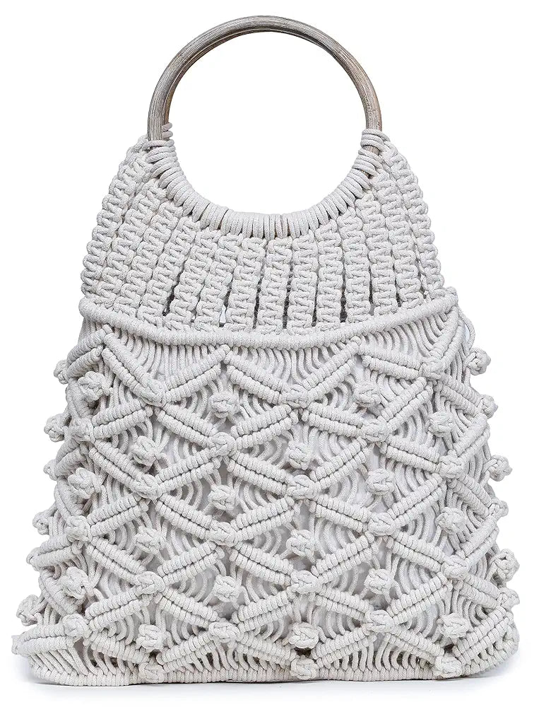 Klondon Alii And Aliizey Off-white Macrame Braided Wooden Handle Handbag