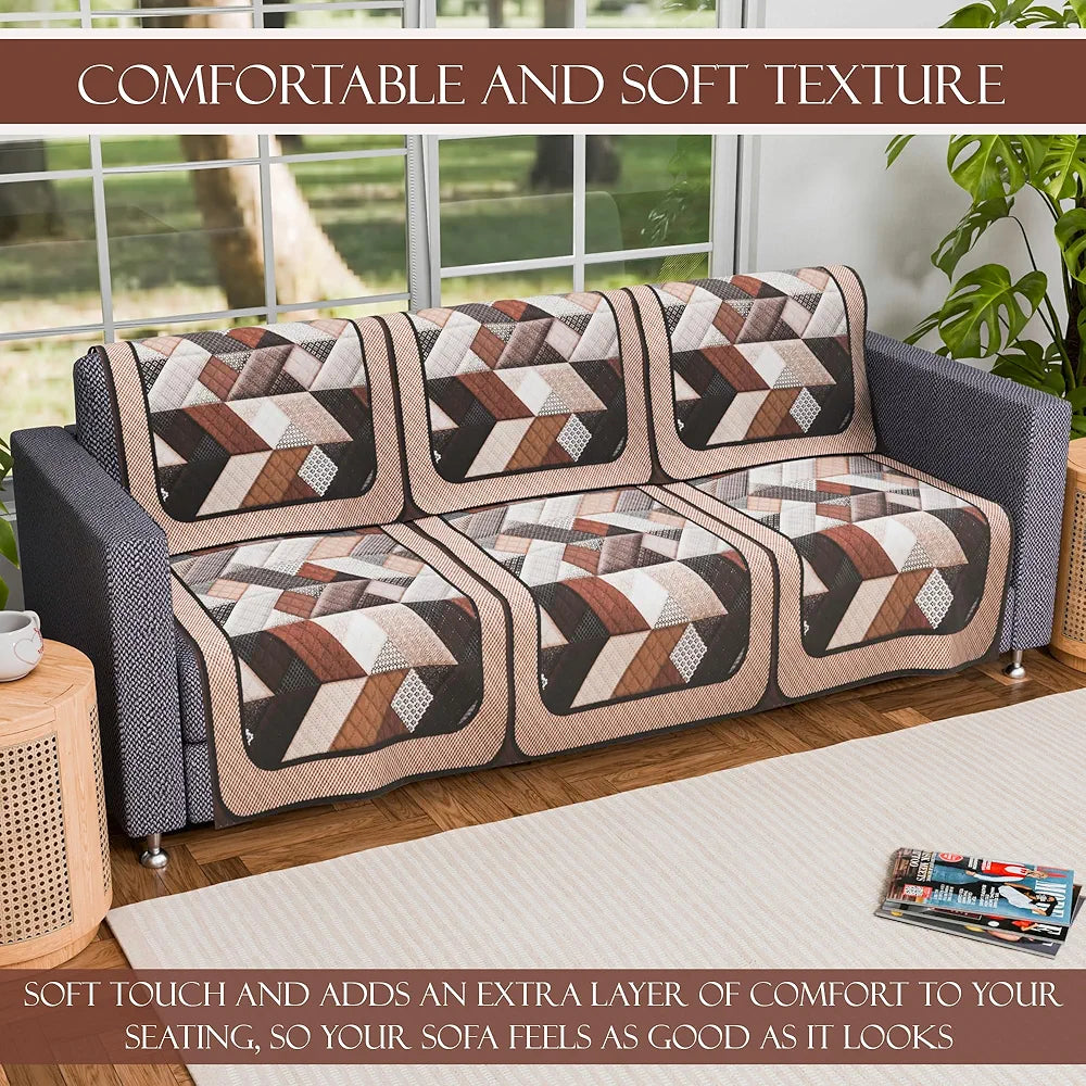 Kuber Industries Set of 6 Velvet 3 Seater Sofa Covers for Living Room Triangular-Cream & Brown