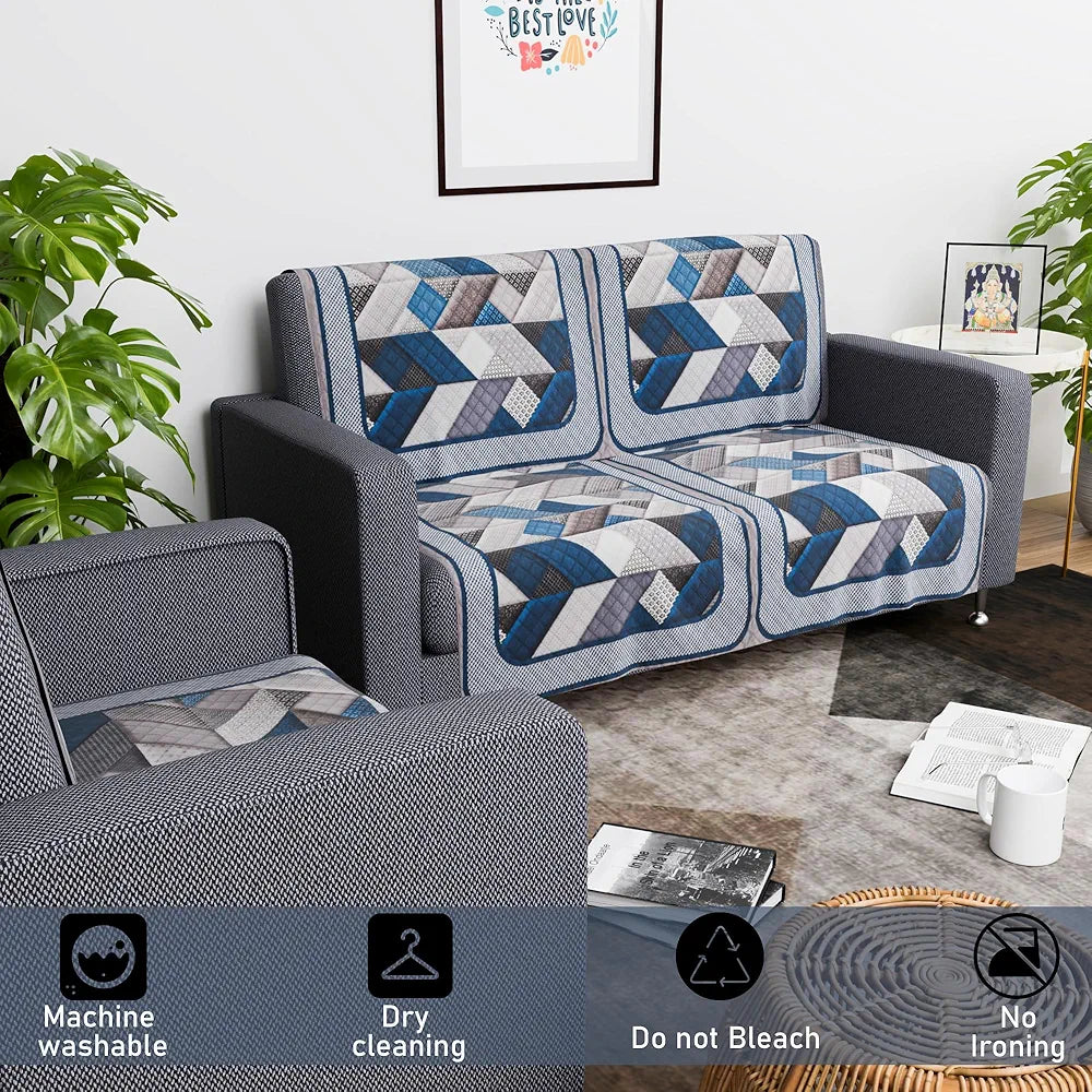Kuber Industries Set of 6 Velvet 2+1 Seater Sofa Covers Triangular Grey & Blue