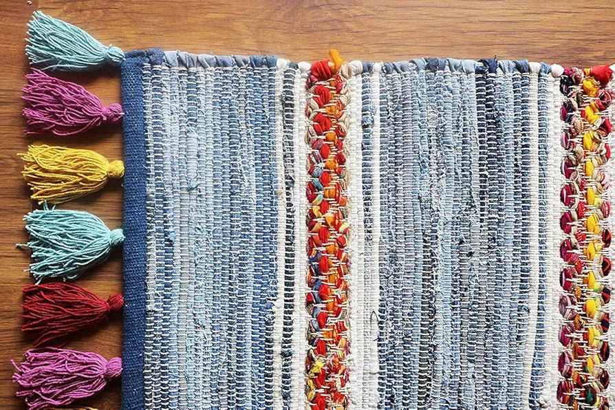The Home Talk Cotton Chindi Rug Denim Weived Carpets for Bathroom Entrance Door Denim Blue