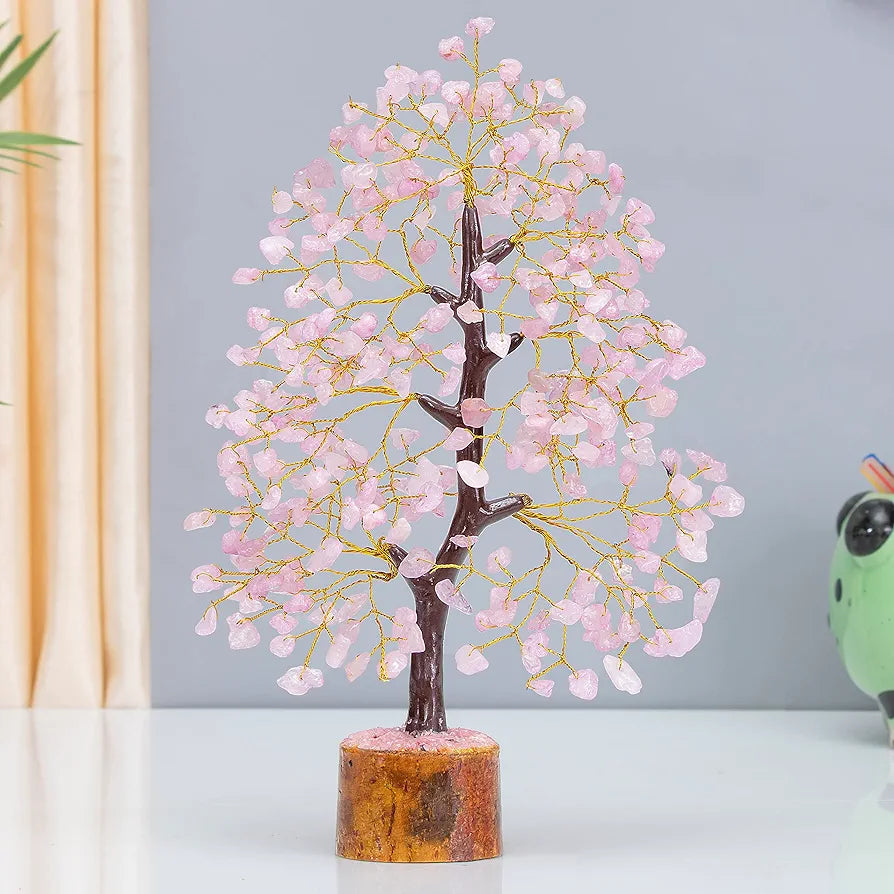 Bezavo Rose Quartz Crystal Trees Chakra Healing Money Bonsai Golden Wire