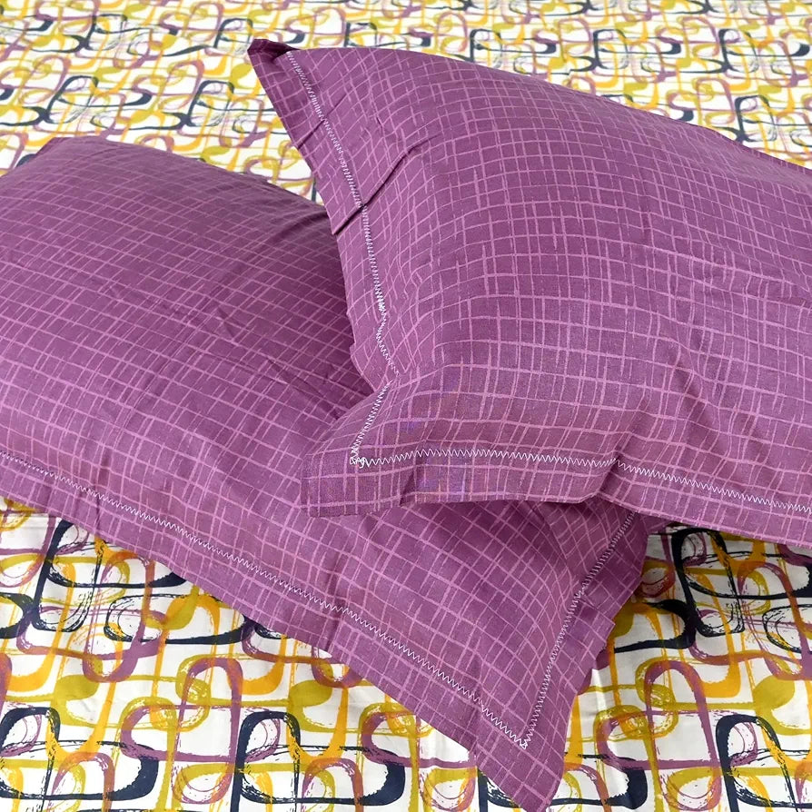 Divine Casa 144 TC 100% Pure Cotton Queen Size Double Bed Bedsheet with 2 Pillow Covers Wavy Pattern Colour Charcoal Yellow