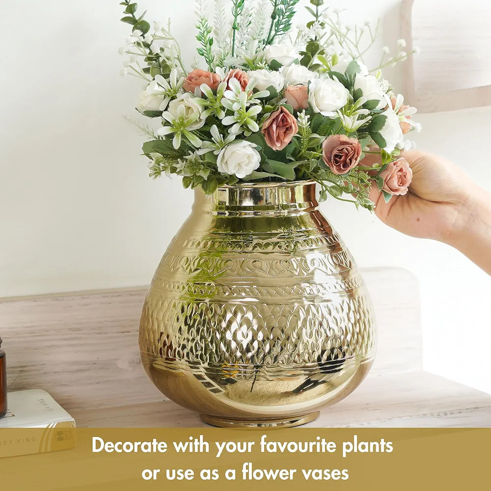 Behoma Matki Shape Metal Flower Vase Traditional Embossed Metal Flower Pot Golden Flowers not Included