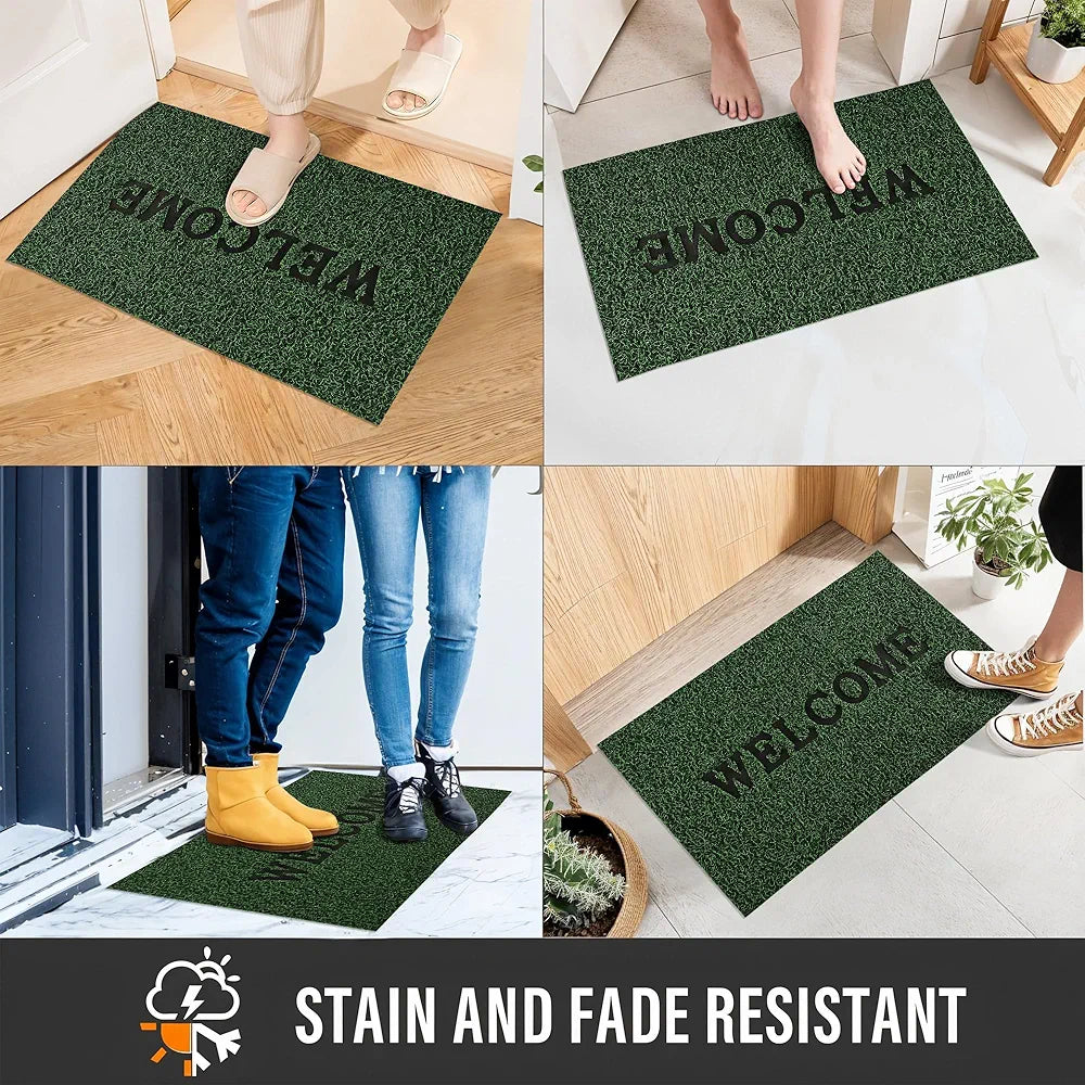 Kuber Industries Anti-Slip Welcome Print Grass Door Mats for Home Green