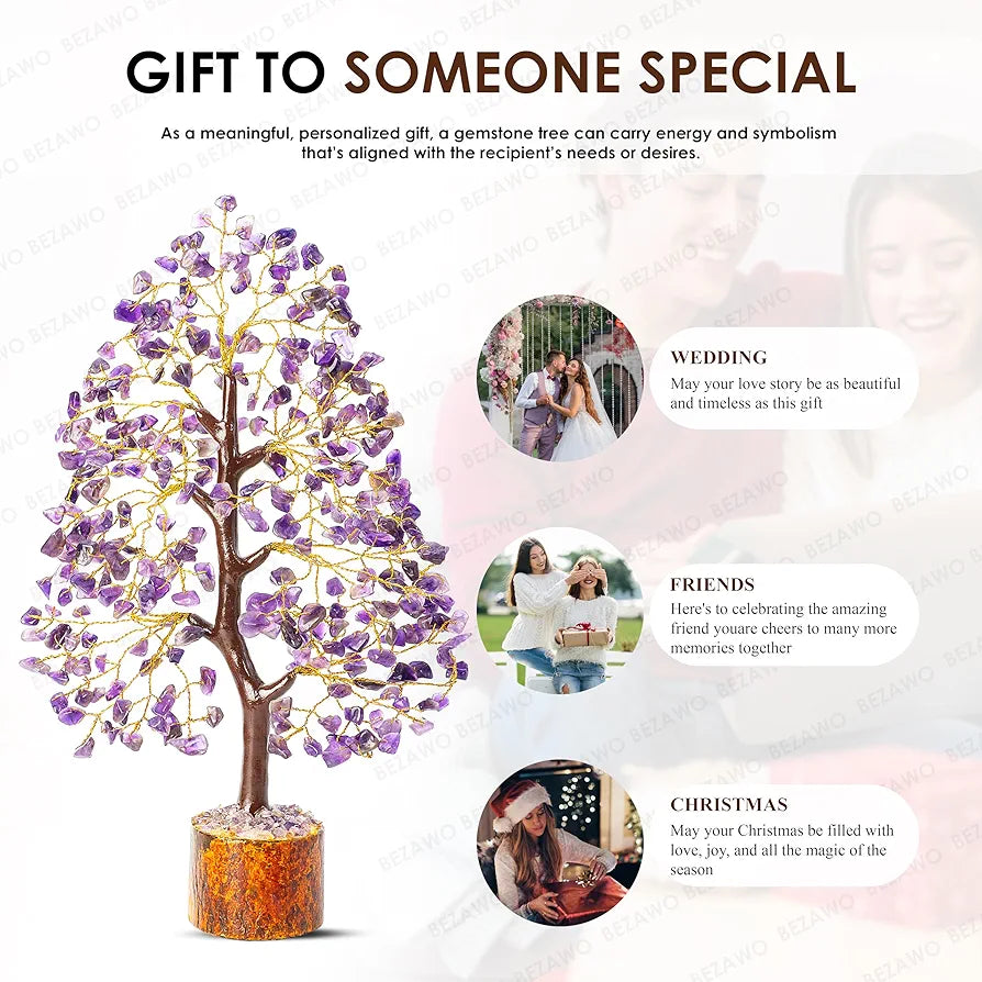 Bezavo Amethyst Gemstone Crystal Bonsai Tree – Good Luck Money Tree for Home & Office Decor  10-12 Inch
