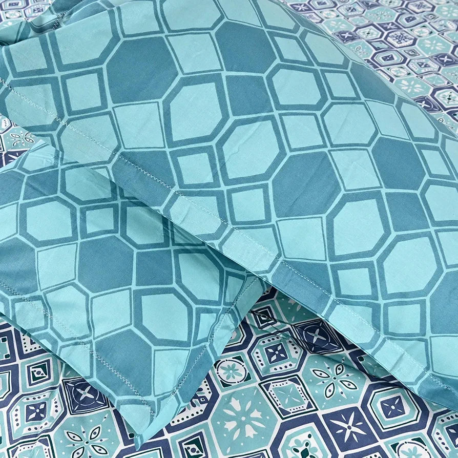 Divine Casa 144 TC 100% Pure Cotton Double Bedsheet with 2 Pillow Covers Geo Nordic Hexa Colour Ice Aqua Blue