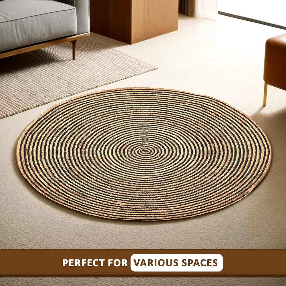 Kuber Industries 3x3 Feet Round Jute Rug & Carpet for Home Bedroom Spirals Beige