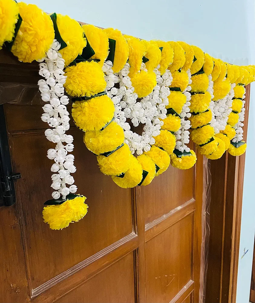 Artificial Marigold Fluffy Flowers Garlands Door Toran Set/Door Hangings Yellow with Jasmine and green leaves