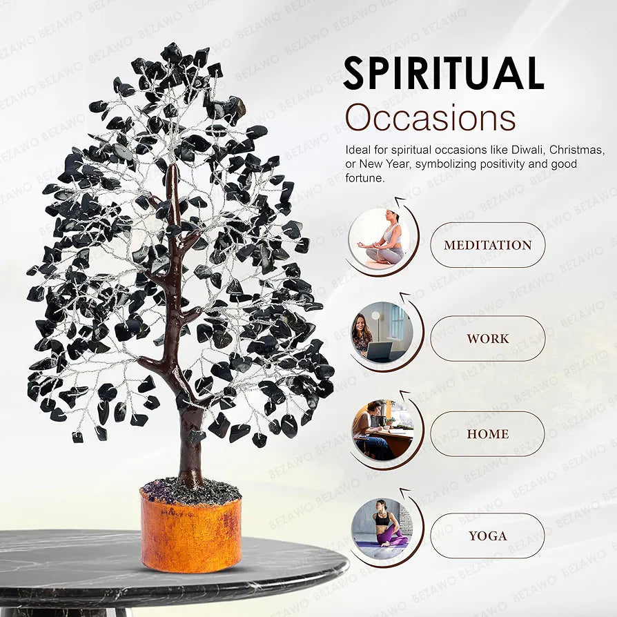 Bezavo Black Tourmaline Crystal Tree – Healing Money Tree for Feng Shui Silver Wire